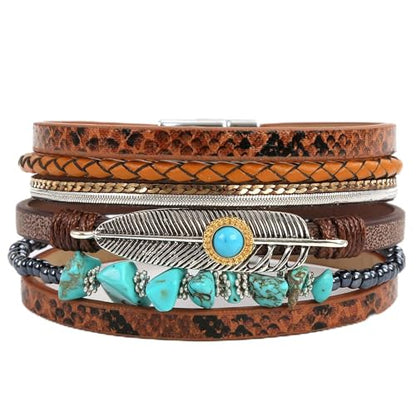 Fesciory Leopard Bracelet for Women, Boho Leather Wrap Multi-Layer Pearl Crystal Bracelet Bangle Jewelry - style: Feather(Brown)