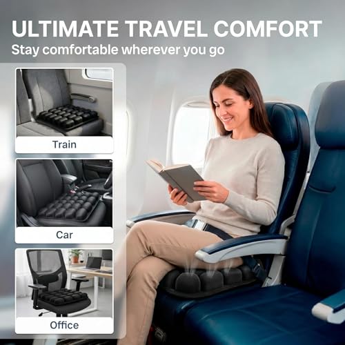 Inflatable Travel Seat Cushion for Airplane - Portable Air Pad with Built-in Pump for Long Flights & Car Rides - Ergonomic Tailbone Pain Relief for Office Chair, Wheelchair, Stadium