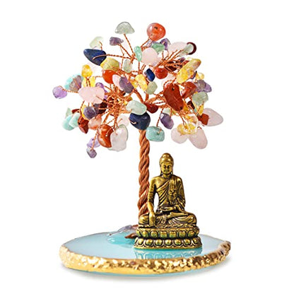 Buddha Statue with Healing Crystal Tree, Tree of Life for Positive Energy. Home Decor Yoga Meditation.7 Chakra.(C) - style: C