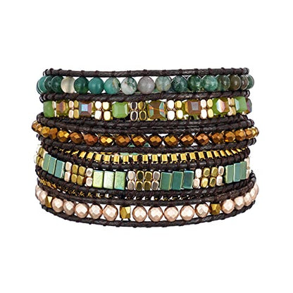 Plumiss Women Boho Handmade Natural Stone Crystal Leather Bead Wrap Bracelets Collection - style: Green Stylish 5W
