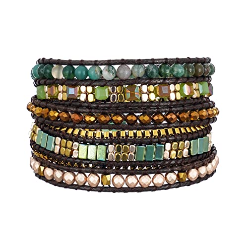 Plumiss Women Boho Handmade Natural Stone Crystal Leather Bead Wrap Bracelets Collection - style: Green Stylish 5W