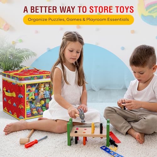 12" Soft Side Zipper Toy Storage Bag, Quilt Pattern Cloth Cube, Reusable, Clear Bag, Playroom, Bedroom & Puzzles Board Game Organizers And Storage Bin, Cars & Puzzles Design - color: Cars