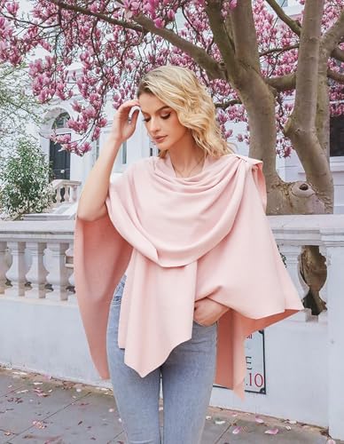 PULI Womens Large Cross Front Poncho Sweater Wrap Topper Knitted Elegant Shawls Cape for Fall Winter - color: 1-pink