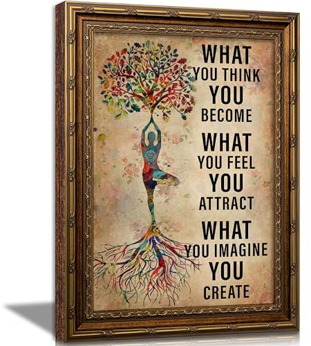 Vintage Gold Framed Spiritual Growth Tree Wall Art, The Harmonious Beauty of Yoga and Nature Painting Canvas, What You for THINK You Become Inspirational Quote Poster, Bohemian Artwork for Bedroom