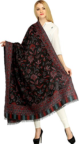 Exotic India Women Reversible Jamawar Wool Shawl with Woven Flowers | Ethnic Beautiful Floral Weave Stole, Dupatta - color: Pirate Black