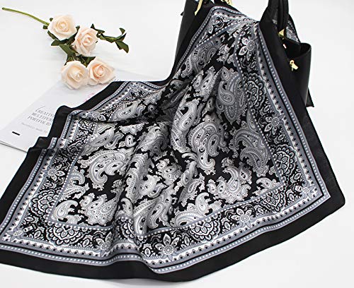 ANDANTINO 100% Mulberry Silk Scarf -21” Lightweight Square Neckerchief – Breathable Digital Printed Scarves with Gift Packed - color: Black&white Paisley