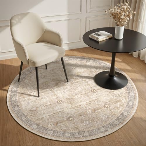 Neutral Beige 5ft Round Washable Rug, Farmhouse Vintage 5 Feet Circle Rug for Living Room, Low Pile Thin Non Slip 5x5 Round Circular Carpet for Dining Room/Bedroom/Entryway/Foyer - color: Beige/Taupe/Multi, size: 5' (Round)