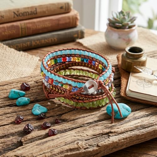 YGLINE Boho Handmade Natural Stone Wrap Bracelets Jasper Crystal Beads Bracelet Jewelry - color: green jasper 2