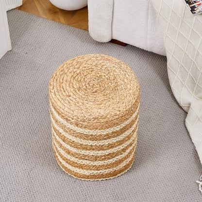 Ottoman Natural Seagrass Foot Rest Stool Hand Weave Round Foot Stool Pouf Boho Vanity Stools with Non-Skid Mat for Living Room Bedroom Hallway - color: Mix White-1