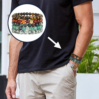 8mm Natural Stone Gemstone Beaded Bracelets, Multicolor Crystal Stretch Bracelets, 7 Inch Elastic Adjustable, Unisex