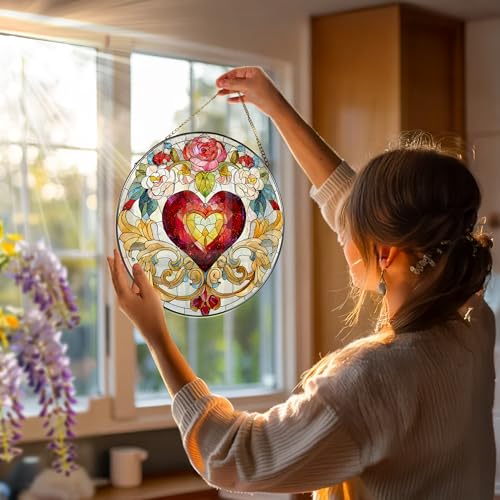 Stained Glass Window Hanging, 8 in Valentine Heart Sun Catcher, Stained Glass Suncatcher, Gift for Wife, Gift for Girlfriend, Mother's Day, Christmas, Birthday, Valentine's Day Gifts for Couple, Her - color: Heart Flower