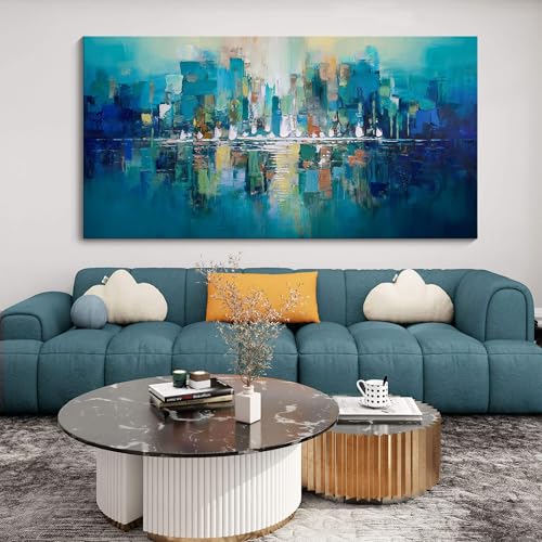 YDYSUNE Large Canvas Wall Art for Living Room - Abstract Wall Decor City View Framed Picture Artwork for Decorative Paintings Teal and White Modern Office Bedroom Art Size 29x58inch - color: Green, size: 29"L x 58"W