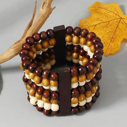 COLORFUL BLING Handmade Natural Wooden Beads Cuff Bracelet Woven Chunky Geometric Bangle for Women Summer Beach Boho Jewelry - color: mix round