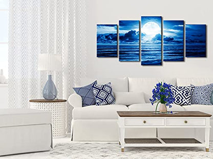 Pyradecor Blue Clouds Canvas Prints Wall Art Moon Sea Beach Pictures Paintings Ready to Hang for Living Room Bedroom Home Decor Modern 5 Piece Stretched Landscape Artwork - size: 10x16inchx2pcs,10x20inchx2pcs,10x24inchx1pc