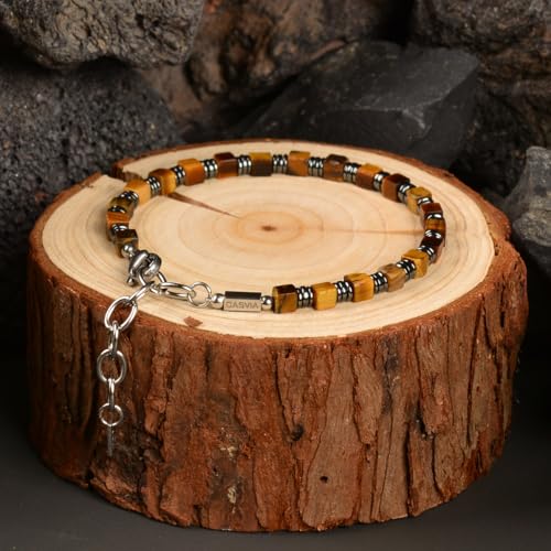 Tiger's Eye Hematite Beaded Bracelet for Men, Square Stone Adjustable Stainless Steel Chain, Handmade Stylish Jewelry Gift for Dad, Husband, Son & Friend