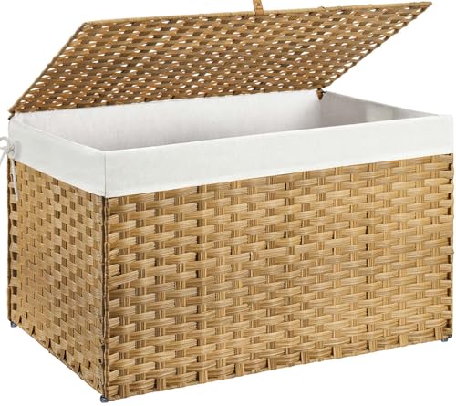 GREENSTELL Storage Basket with Lid, 42.3 Gallon(160L) Lagre Wicker Blanket Storage Basket with Handles, Foldable, 2 Removable Liner Bags, Metal Frame, for Bedroom, Laundry Room, Brown,30"*18.1"*18.1" - color: Natural, size: 160L: 30*18.1*18.1 Inches