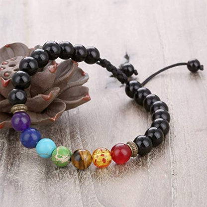 GelConnie Lava Rock Chakra Bracelet 7 Chakra 8mm Natural Stone Healing Bracelet Stress Relief Yoga Beads Anxiety Bracelet Aromatherapy Essential Oil Diffuser Bracelet Bangle - color: Black Agate