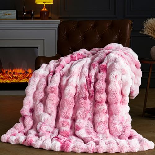Faux Fur Throw Blanket for Couch, Fluffy Fuzzy Plush Bubble Blanket, Soft Warm Cozy Shaggy Rabbit Blanket, Luxury Decorative Gifts for Sofa Bedroom Living Room, 60x50inch (Tie-Dye-Pink) - color: Tie-dye-pink, size: 60x50inch