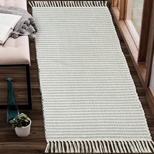 Green & Ivory Providence Throw Rug 2x6 feet |Hand Woven Farmhouse Rug | Great in Kitchens entryways doormats Bathrooms Meditation Mat | Machine Washable & Reversible Cotton Rug