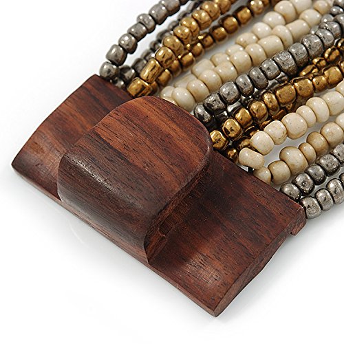 Avalaya Grey/Bronze/Antique White Glass Bead Multistrand Flex Bracelet With Wooden Closure - 19cm L