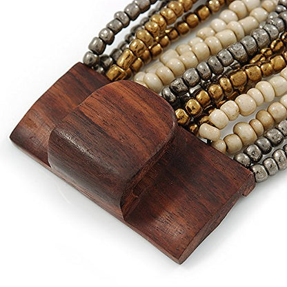 Avalaya Grey/Bronze/Antique White Glass Bead Multistrand Flex Bracelet With Wooden Closure - 19cm L