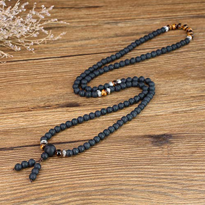 AmorWing 108 Mala Beads Brown Tiger Eye Matte Onyx Semi Precious Stone Bracelet Necklace
