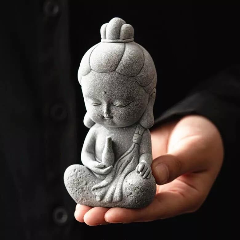 4.7" Sculpture Gifts GuanYin Ornament Simple Home Outdoor Statue Gravel Praying Garden Decoration Grey Craft Guan Yin Statue Handmade Stone Kwan Yin Buddha Meditating Zen Decor Figurine