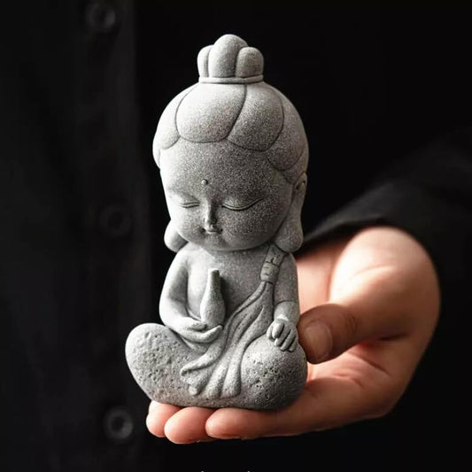 4.7" Sculpture Gifts GuanYin Ornament Simple Home Outdoor Statue Gravel Praying Garden Decoration Grey Craft Guan Yin Statue Handmade Stone Kwan Yin Buddha Meditating Zen Decor Figurine