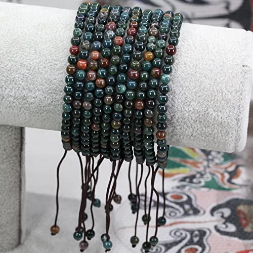 Keleny Natural Gemtones 4mm Round Beads Crystal Adjustable Braided Macrame Tassels Bracelets Unisex - color: Green Bloodstone Heliotrope