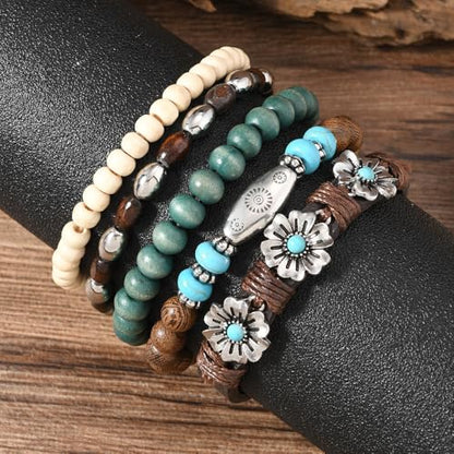 5pcs Wooden Bead Bracelet Set with Charm and Tassel for Men & Women - Stackable Boho Bracelets, Amber Color Scheme Adjustable Bracelet - color: White Cyan Brown