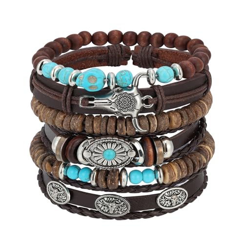 MILAKOO Mens Beaded Bracelets Tribal Wooden Elastic Adjustable Prayer Beads Wrap Cuff for Women - color: R: 5pcs