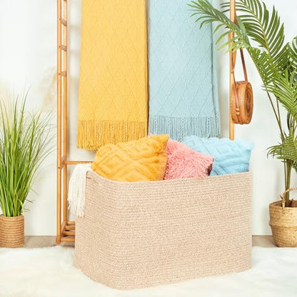 MINTWOOD Design 112L Extra Large Blanket Basket Holder Living Room, 25"x17"x16" Rectangle Rope Woven Storage Basket with Handles for Laundry, Towels, Shoes, Dog Toy Organizer Bin Box, Oatmeal Brown - color: Oatmeal Brown