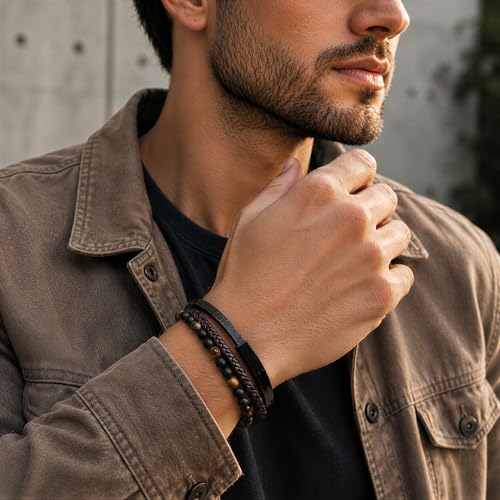 Premium Men’s Bracelet | Leather Bracelet for Men | Beaded Bracelets Black Onyx & Tiger-Eye Beads | Brown Leather Jewelry with Adjustable Stainless-Steel Clasp | Gift Dad Husband Son Boyfriend - color: Brown/Black