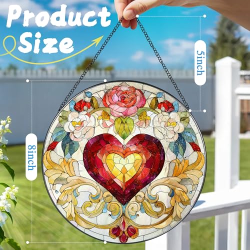 Stained Glass Window Hanging, 8 in Valentine Heart Sun Catcher, Stained Glass Suncatcher, Gift for Wife, Gift for Girlfriend, Mother's Day, Christmas, Birthday, Valentine's Day Gifts for Couple, Her - color: Heart Flower