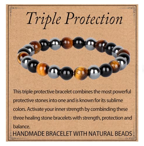 LPBeads Handmade Natural Gemstone Stretch Elastic Bracelet Healing Crystal Round Stone Beads Jewelry Gifts for Women Men - color: Onyx Tiger Hematite Mixed, size: 8mm