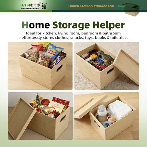 10.2”x7.3”x6.5” Lidded Storage Bins - Stackable Bamboo Box/Cube/Basket with Handles for Home Kitchen Office, Organize Tableware Clothing Toys Books