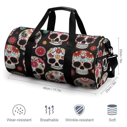 Sugar Skull Art Cylindrical Portable Fitness Bag, Large Capacity Handbag - color: Sugar Skull art