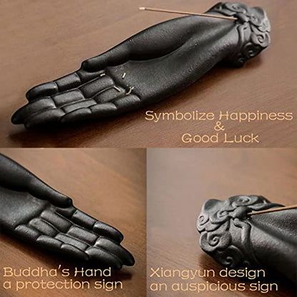 Ceramic Incense Holder for Sticks - Incense Burner Holder Zen Decor with Buddha Hand Design Protection from Evil - 10.2" L X 2.5" W X 1.2" H