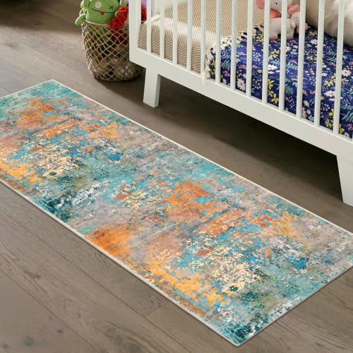 Lahome Modern Abstract Runner Rug - 2x6 Washable Hallway Rug Runner Soft Colorful Bedoom Carpet, Non-Slip Low Pile Contemporary Accent Mats for Kitchen Nursery Laundry Room - color: Rosy, size: 2' x 6'