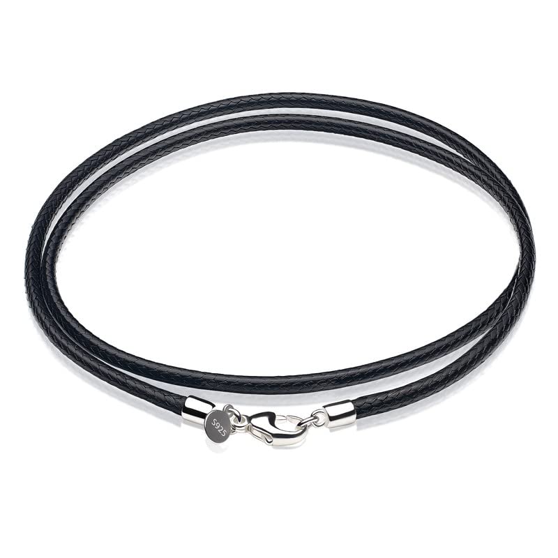 Leather Necklace for Men Women with Solid 925 Sterling Silver Lobster Clasp 3mm Black/Brown/LightBrown/Red Leather Necklace Cord 16/18/20/22/24/26/30 Inches - size: 22, style: Black Leather Cord Necklace 3mm