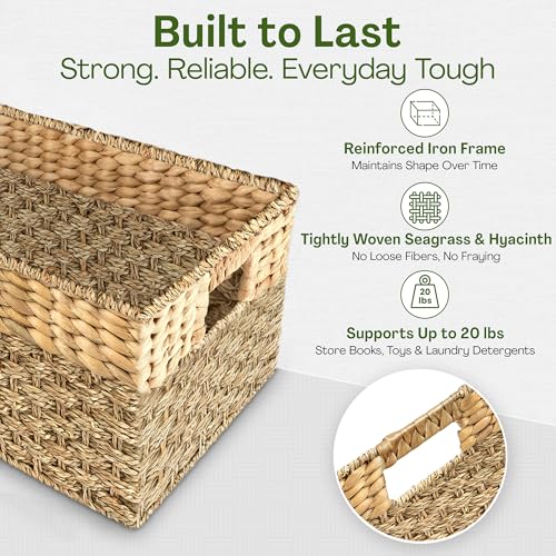 Large Wicker Storage Baskets with Handles, Natural Seagrass and Hyacinth Woven Storage Basket for Organizing Shelves, Closet, Pantry, Living Room, 17 x 11 x 7.5 Inches - size: Large - 17" x 11" x 7.5" in.