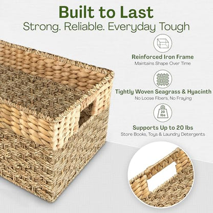 Large Wicker Storage Baskets with Handles, Natural Seagrass and Hyacinth Woven Storage Basket for Organizing Shelves, Closet, Pantry, Living Room, 17 x 11 x 7.5 Inches - size: Large - 17" x 11" x 7.5" in.