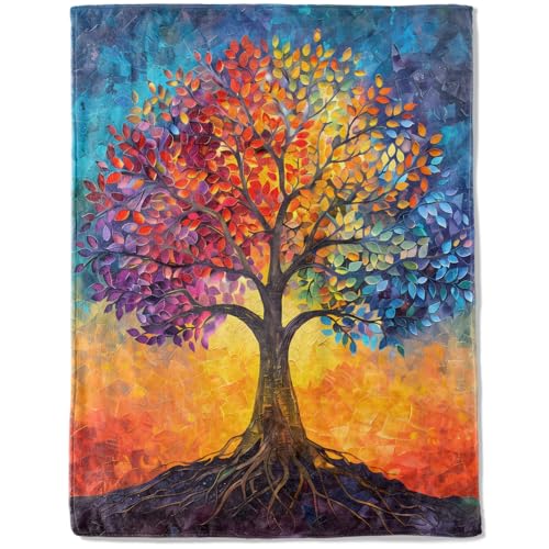Colorful Tree of Life Fleece Blanket,Abstract Nature Art Blankets,Soft and Warm Decorative Throws for Living Room,Office,Meditation Space,Lightweight Throw Gifts for Adults Art Lovers 50”x60” - color: Tree of Life, size: 50x60 inch