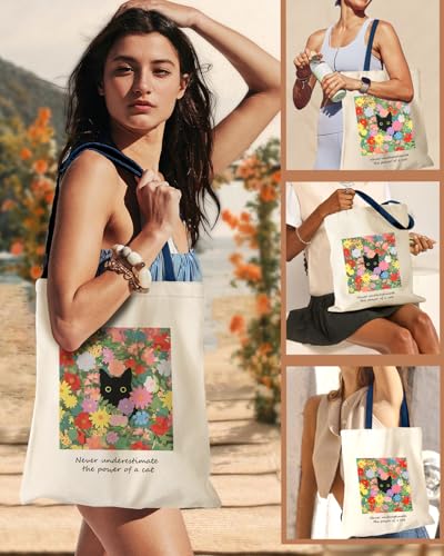 Miss Adola Aesthetic Canvas Tote Bag - Reusable Shoulder Tote Bag for Women Lady Casual Vacation, Shopping, Work, Gym - style: Cat in Flower