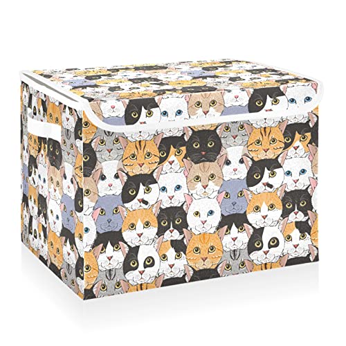 CaTaKu Large Fabric Storage Bins With Lids, Animal Cats Head Storage Boxes With Handles for Organizing Clothes, Collapsible Storage Cube Bins Baskets for Shelves - color: Cats Yellow