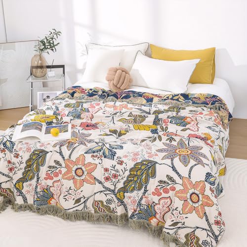 Snycler Boho Throw Blanket for Bed, 100% Organic Cotton Muslin Soft Throw-Floral Farmhouse Rustic Spring Summer Fall Decor Blanket for Couch Sofa Quilt and Gift, 60" x 80" White - color: White Boho Floral, size: 60"x80"
