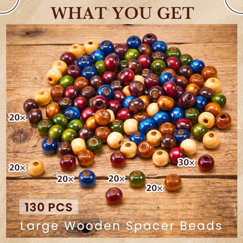 WILLBOND 130 Pieces Macrame Wooden Beads 9mm Hole Loose Beads with Hole for Macrame Rosary Making Kits Supplies Jewelry Bracelet Hair DIY Craft Handmade(Caramel, Natural Wood, Green, Red, Blue, Mini) - color: Caramel, Natural Wood, Green, Red, Blue, style