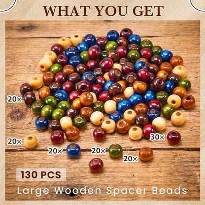 WILLBOND 130 Pieces Macrame Wooden Beads 9mm Hole Loose Beads with Hole for Macrame Rosary Making Kits Supplies Jewelry Bracelet Hair DIY Craft Handmade(Caramel, Natural Wood, Green, Red, Blue, Mini) - color: Caramel, Natural Wood, Green, Red, Blue, style