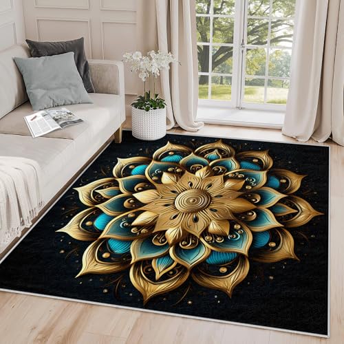 Mandala Rugs for Bedroom - Mandala Rug, 5x8 Rug, Ethnic Geometric Meditation Yoga Area Rug, Teal and Gold Floral Carpet, Washable & Non Slip & Soft Large Rugs, Mandala Home Decor - color: Gold Teal Black, size: 5' x 8' (Rectangular)