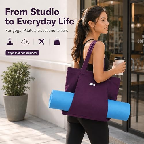 Yoga Mat Bag for Women, 100% Cotton Canvas Tote with Wet/Dry Pocket, Bottle Holder and Inner Zipper Pocket, 25L Carrier for Pilates and Travel - color: Purple